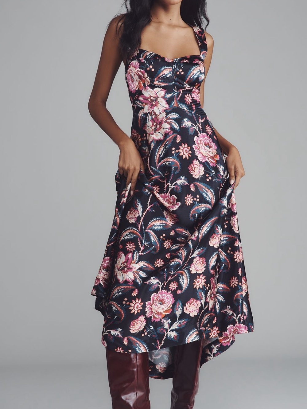 Anthropologie Sleeveless Slip Midi Dress Maeve New Viscose Black Floral